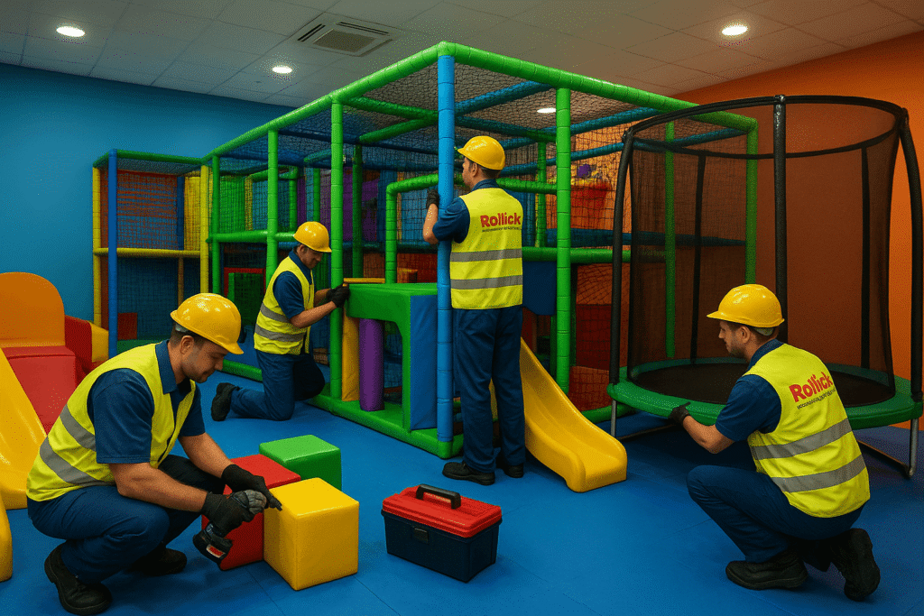 A professional installation team from Rollick Playsystem & Installation Services assembling a colorful soft play zone inside a modern indoor play area. The workers, wearing branded uniforms and proper safety gear, are fitting foam padding, tunnels, soft blocks, protective mats, and interactive play elements. The background shows a clean, vibrant setup with bright colors, ensuring child-safe materials and a high-quality finish. Perfect depiction of soft play installation expertise, safety standards, and precision engineering.