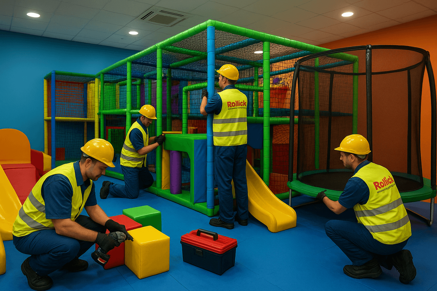 A professional installation team from Rollick Playsystem & Installation Services assembling a colorful soft play zone inside a modern indoor play area. The workers, wearing branded uniforms and proper safety gear, are fitting foam padding, tunnels, soft blocks, protective mats, and interactive play elements. The background shows a clean, vibrant setup with bright colors, ensuring child-safe materials and a high-quality finish. Perfect depiction of soft play installation expertise, safety standards, and precision engineering.
