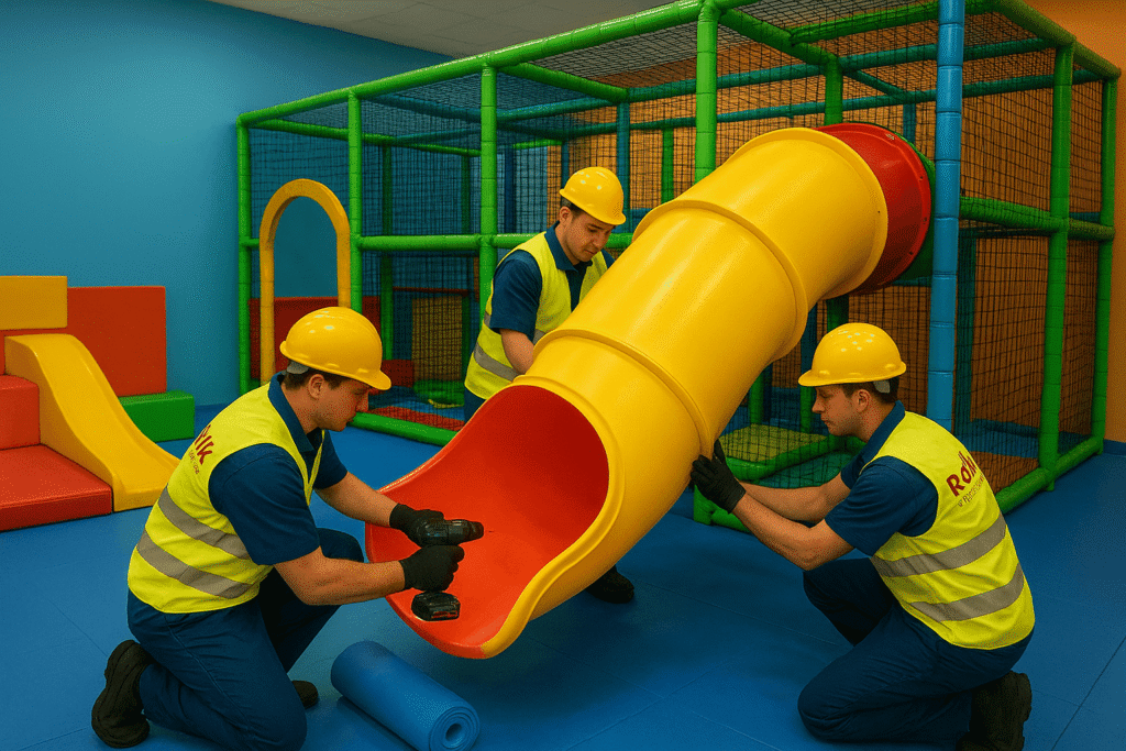 rollick image 2 (1) Technicians setting up a colorful indoor activity zone featuring a large soft-play slide. Workers are assembling slide panels, securing joints, and adding side guards and foam safety padding. The indoor play zone is bright, modern, and child-friendly with multiple activity stations visible in the background. This scene highlights Rollick Playsystem’s precision slide installation, child safety compliance, durability, and expert craftsmanship.
